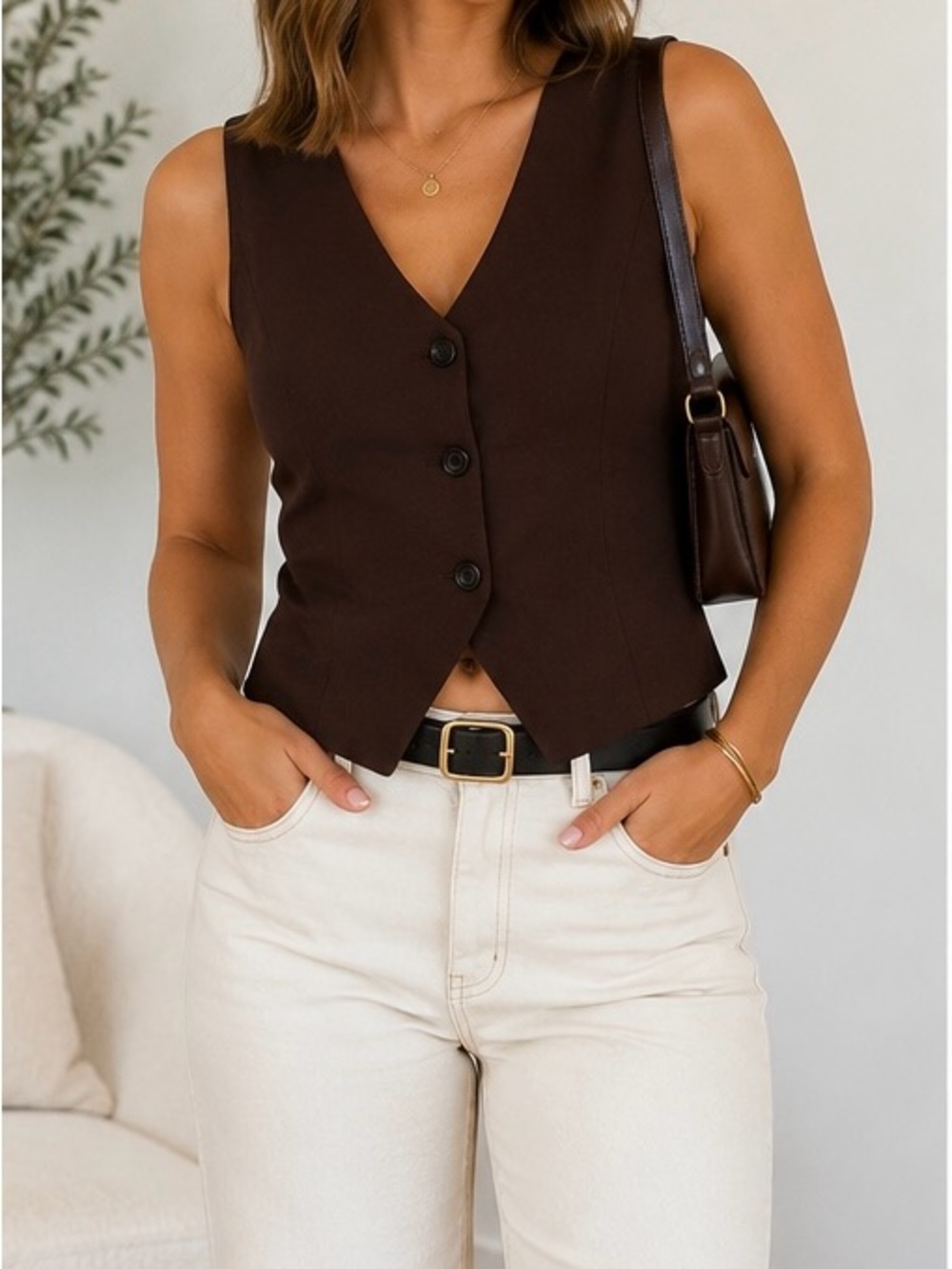21 Saints Ponte Button Front Vest Top Brown Large L NWT